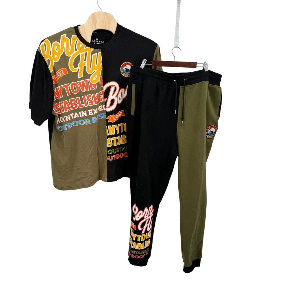 Born Fly Mens 5XL T-Shirt and Joggers 2 Piece Set Graphic Black Olive Green - Picture 1 of 16